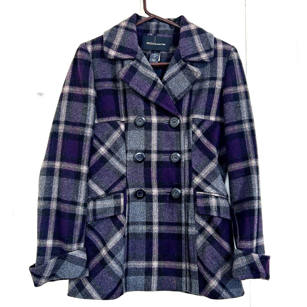 Moda International Women’s Blazer Size Small Plaid Purple Gray Wool Blazer.